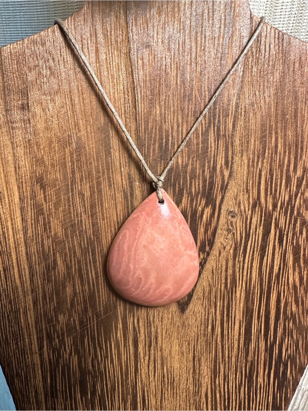Minimalist Polychrome Jasper Teardrop Pendant Necklace on Thin Brown Rope - Picture 7 of 16